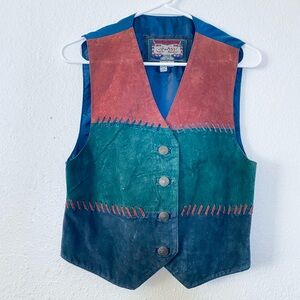 G-III Vintage Boho Western Colorblock Genuine Leather Button Front Vest Small